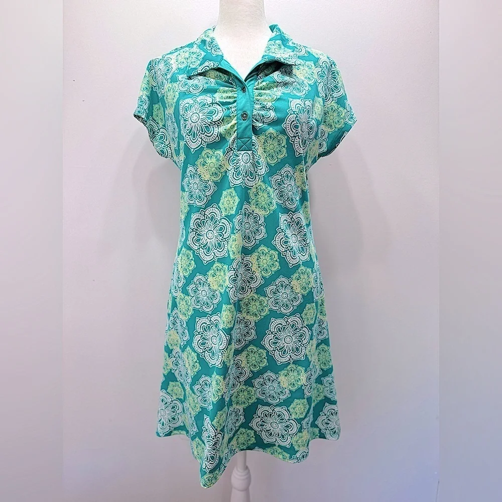 Lola Teal & Ivory Collared Golf Shirt Dress Dolman Cap Sleeves Size Medium